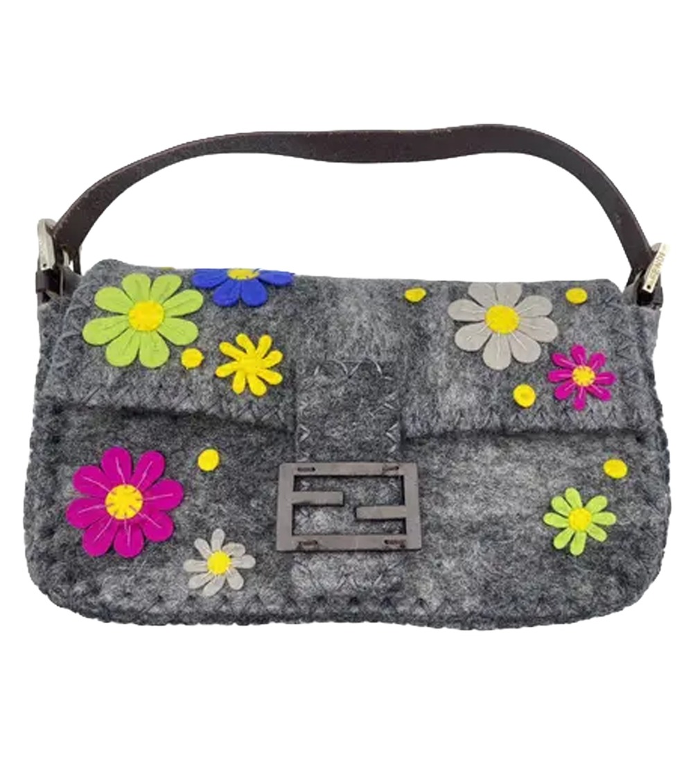Fendi Vintage Grey Felted Multicolor Flower Baguette